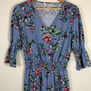 Floral striped cinched waist dress, size M